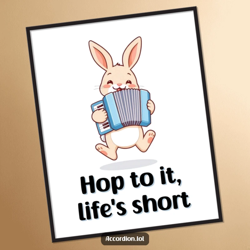 Funny Free Printable Wall Art: A cheerful bunny hops with glee while playing a pastel blue accordion.