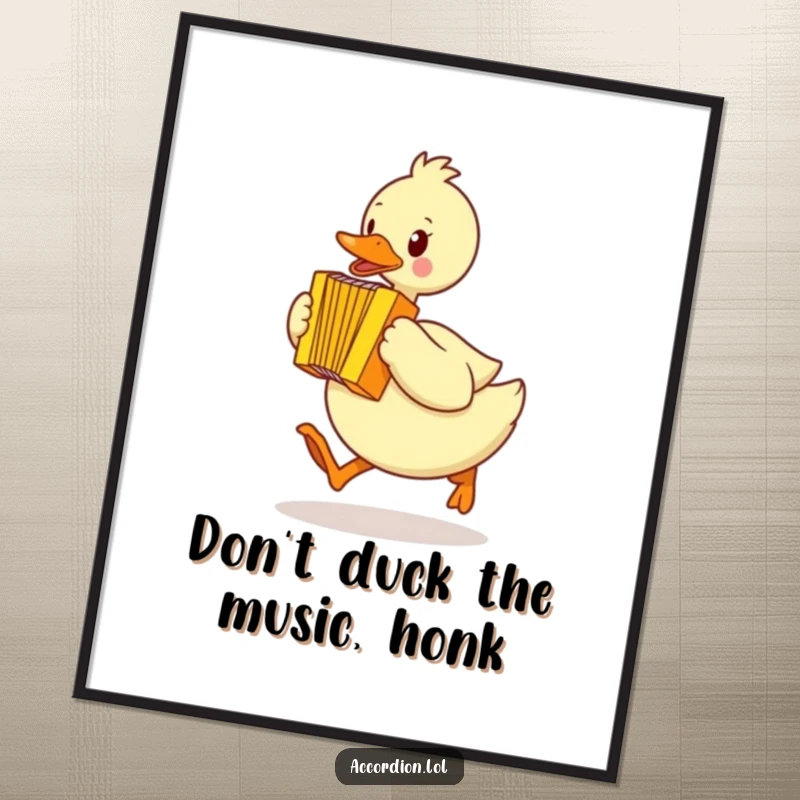 Funny Free Printable Wall Art: A duck waddles quickly, playing a bright yellow accordion while in mid-hop.