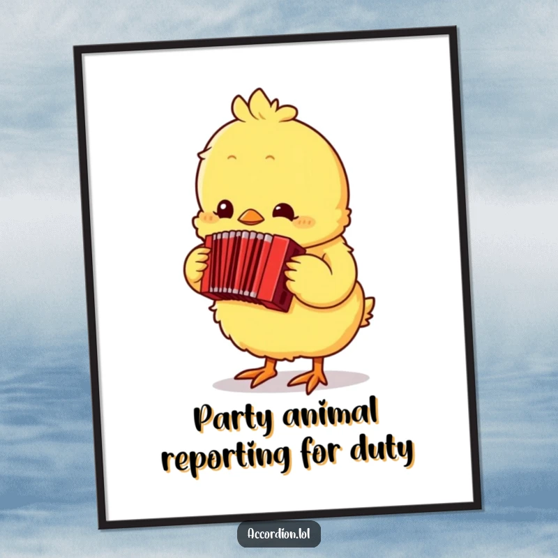 Funny Free Printable Wall Art: A fluffy yellow chick playing a tiny red accordion with a happy expression.