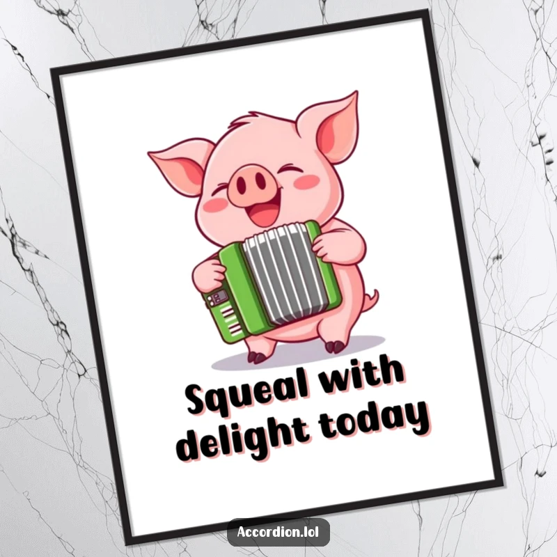 Funny Free Printable Wall Art featuring a playful pink pig giggling as it squeezes a cheerful green accordion.