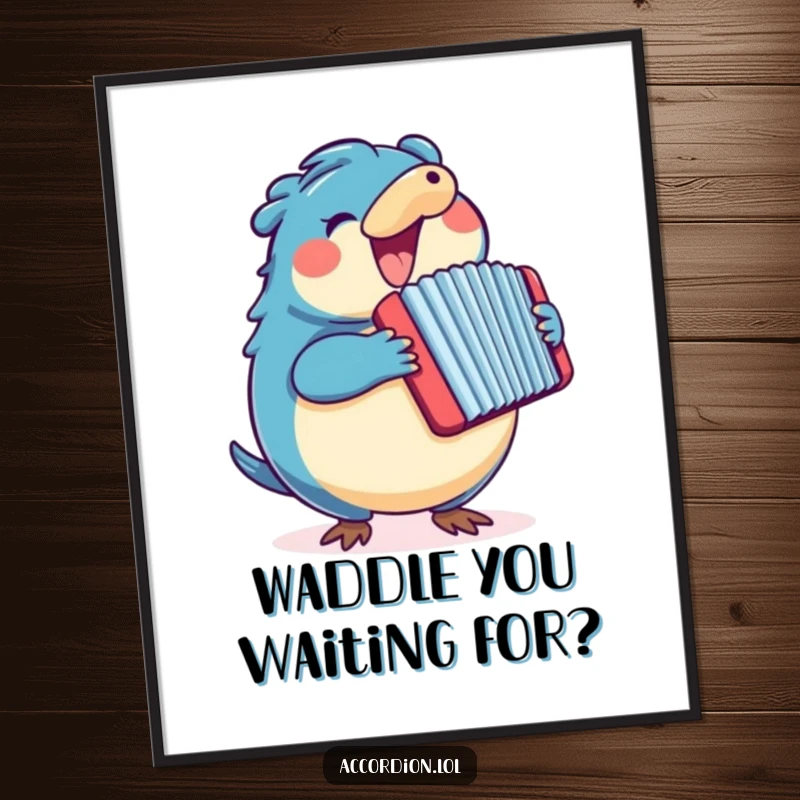 Funny Free Printable Wall Art of a round blue platypus enthusiastically playing a large, colorful accordion.