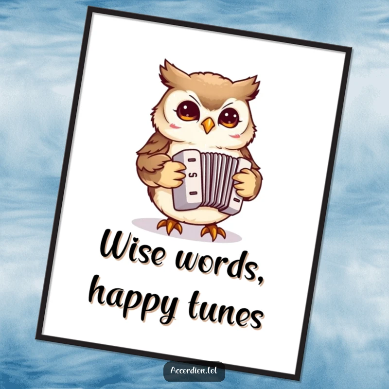 Free Printable Wall Art: A small, wise owl sits on a miniature accordion, playfully tapping its keys.
