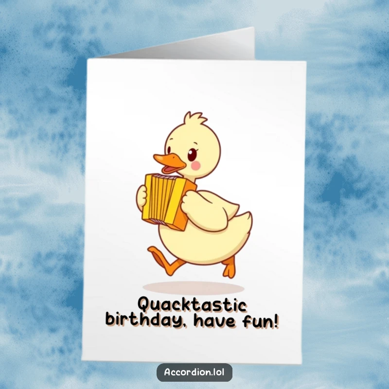 Funny Free Printable Birthday Card: A duck waddles fast and plays a yellow accordion while mid-hop.