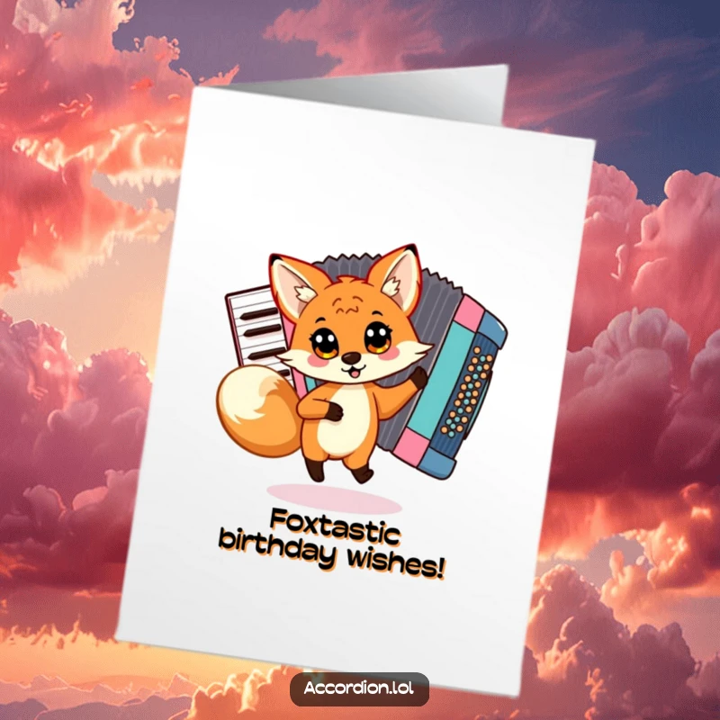 Funny Free Printable Birthday Card: A playful fox with big eyes dances joyfully around a large, colorful accordion.