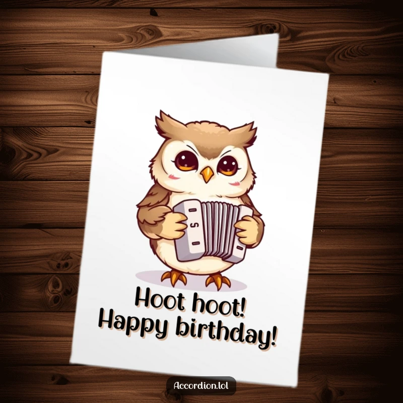 Funny Free Printable Birthday Card: A small owl playfully pecks at a miniature accordion, ready to celebrate.