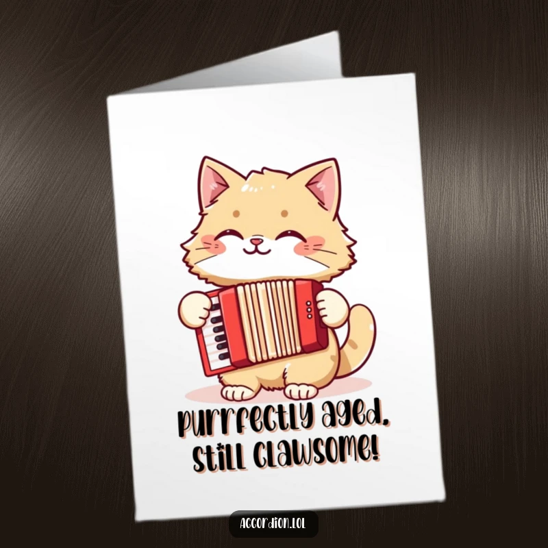 Funny Free Printable Birthday Card: A fluffy cat grins widely while enthusiastically playing a red accordion.