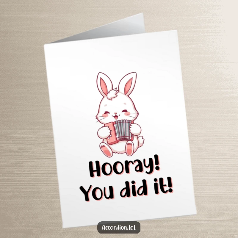 Free Printable Congratulations Card: A happy bunny enthusiastically plays a tiny accordion, celebrating your big win.
