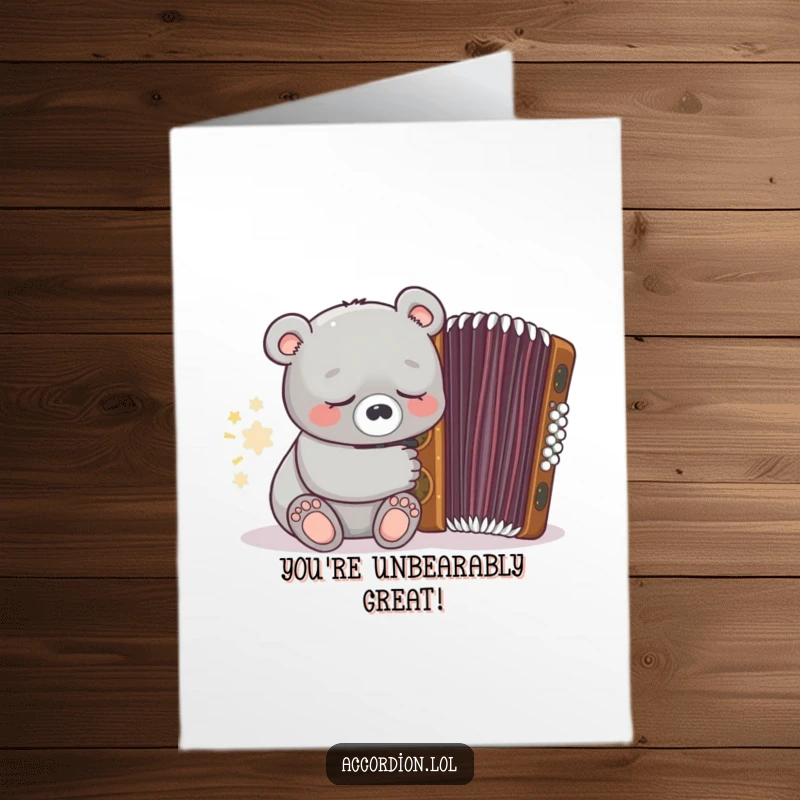 Funny Free Printable Congratulations Card showing a sleepy grey bear napping near an ornate brown accordion.