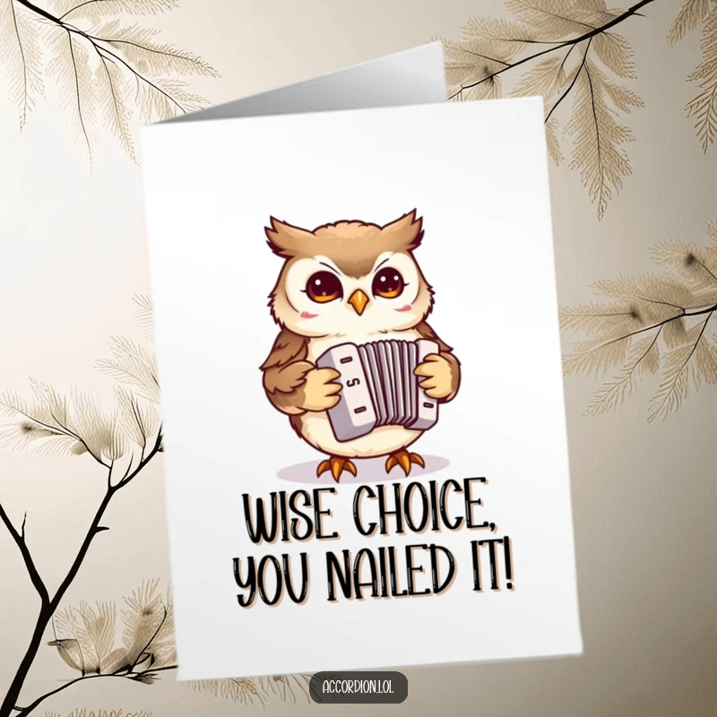 Free Printable Congratulations Card: A small owl on an accordion offers musical congratulations with playful pecks.
