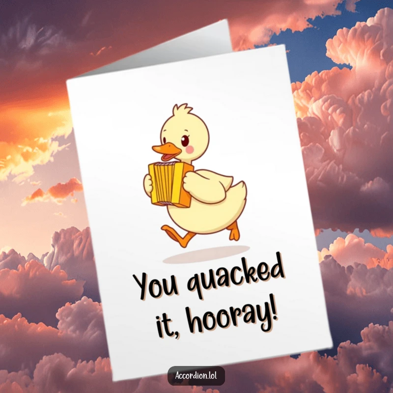 Funny Free Printable Congratulations Card: A duck mid-hop plays a bright yellow accordion with energetic glee.