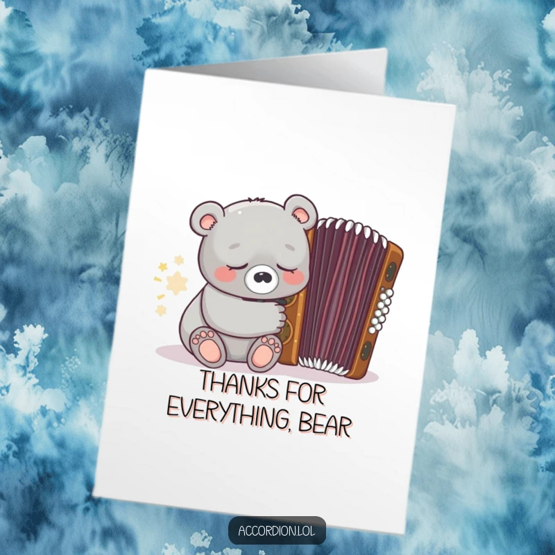 Funny Free Printable Thank You Card featuring a sleepy grey bear dozing near a closed, ornate brown accordion.
