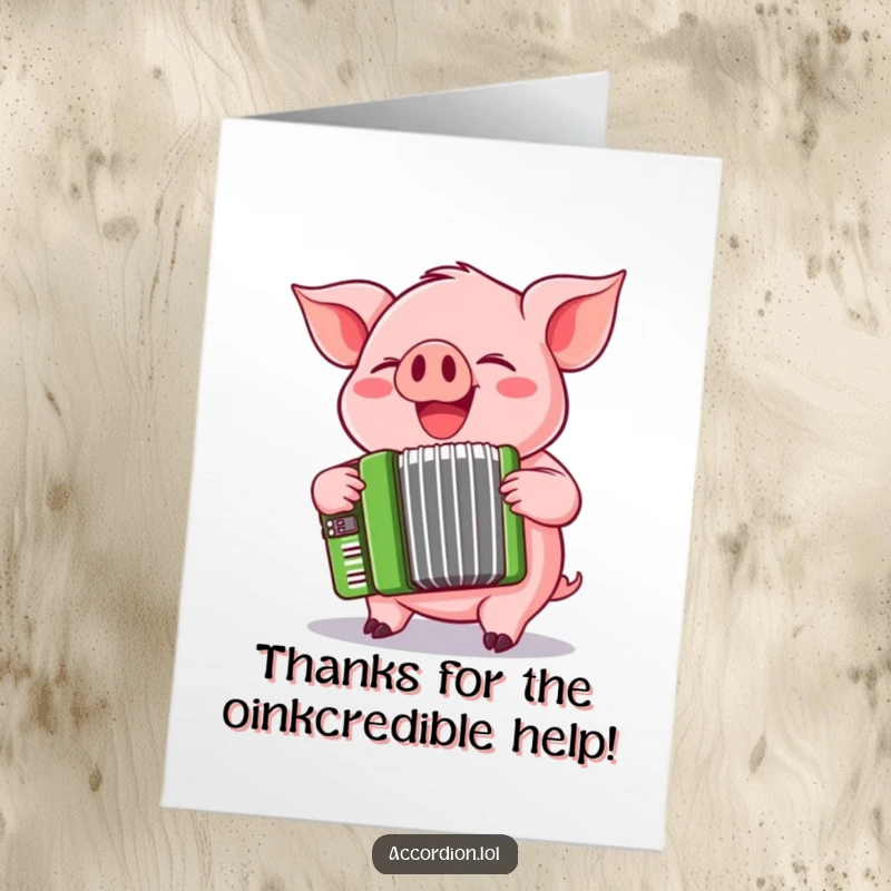 Funny Free Printable Thank You Card of a pink pig giggling while playing a green accordion.