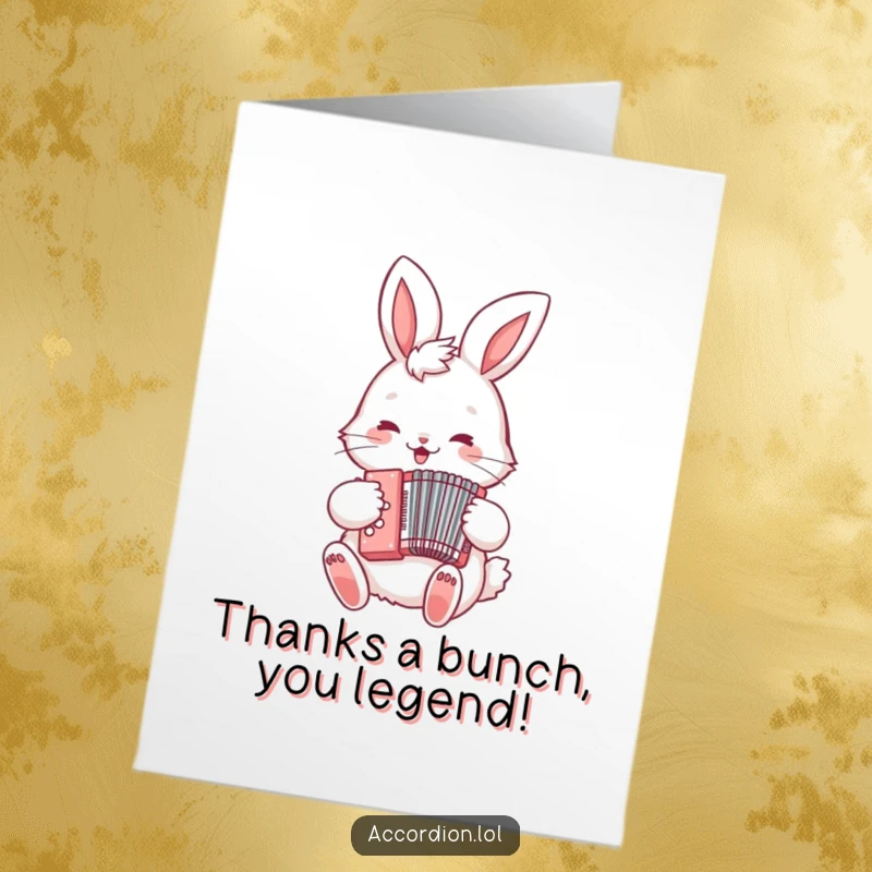 Funny Free Printable Thank You Card: A fluffy bunny strums a tiny accordion, sending musical notes of thanks.