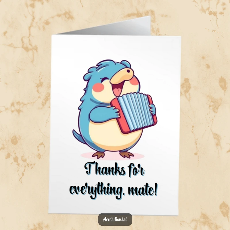 Funny Free Printable Thank You Card featuring a round blue platypus playing a large, colorful accordion.