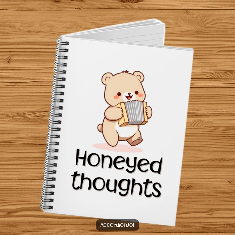 Funny bear notebook showcasing a small bear bouncing and joyfully playing a miniature accordion, perfect for notes.