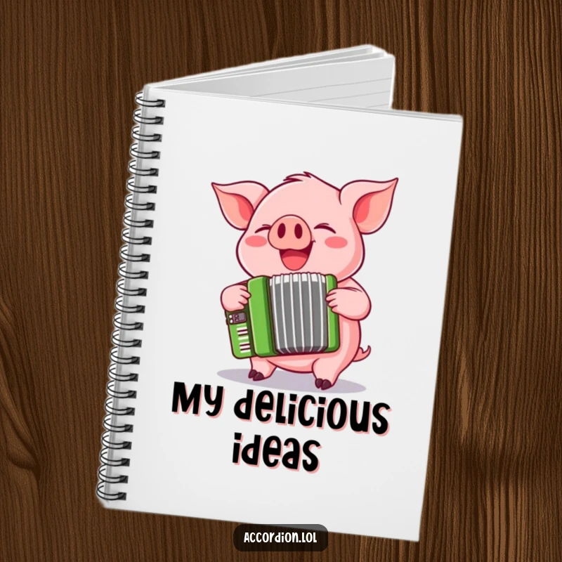 Funny pink pig character holding a pen and playing a cheerful green accordion on a notebook cover.