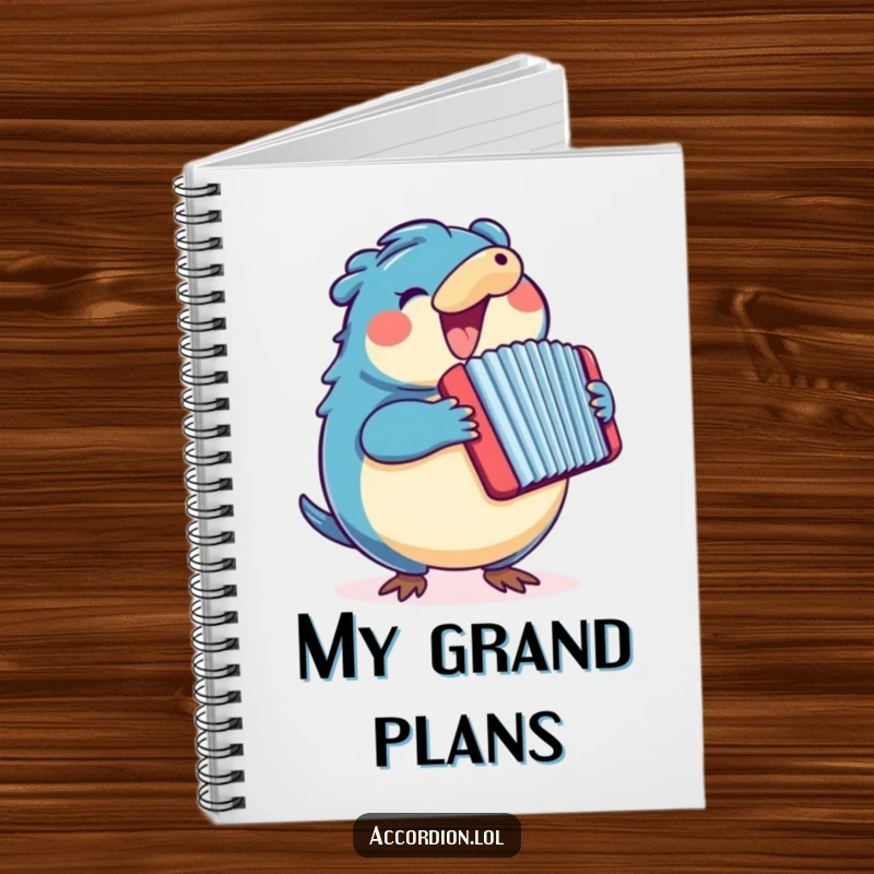 Funny blue platypus character holding a pen and playing a colorful accordion on a notebook cover.