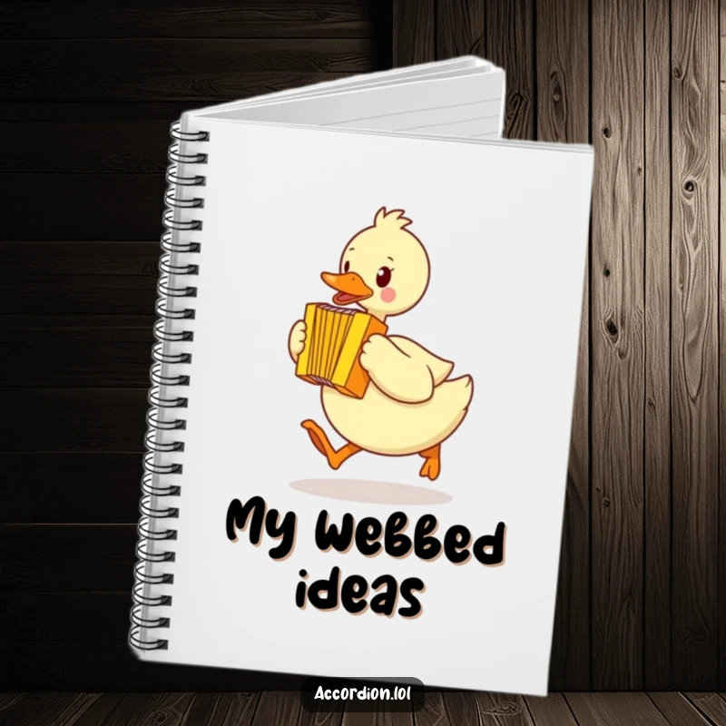 Funny duck notebook with a yellow duck waddling mid-hop, playing a bright yellow accordion, perfect for jotting notes.