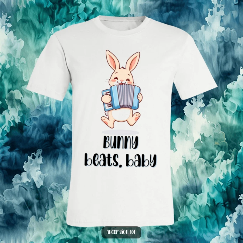 Funny bunny t-shirt depicting a cheerful bunny hopping with excitement while playing a pastel blue accordion joyfully.