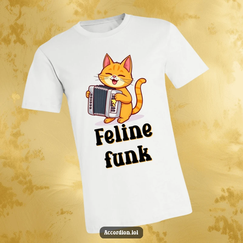 Funny orange cat animal character rhythmically playing a shiny silver accordion, looking mischievous and cool.