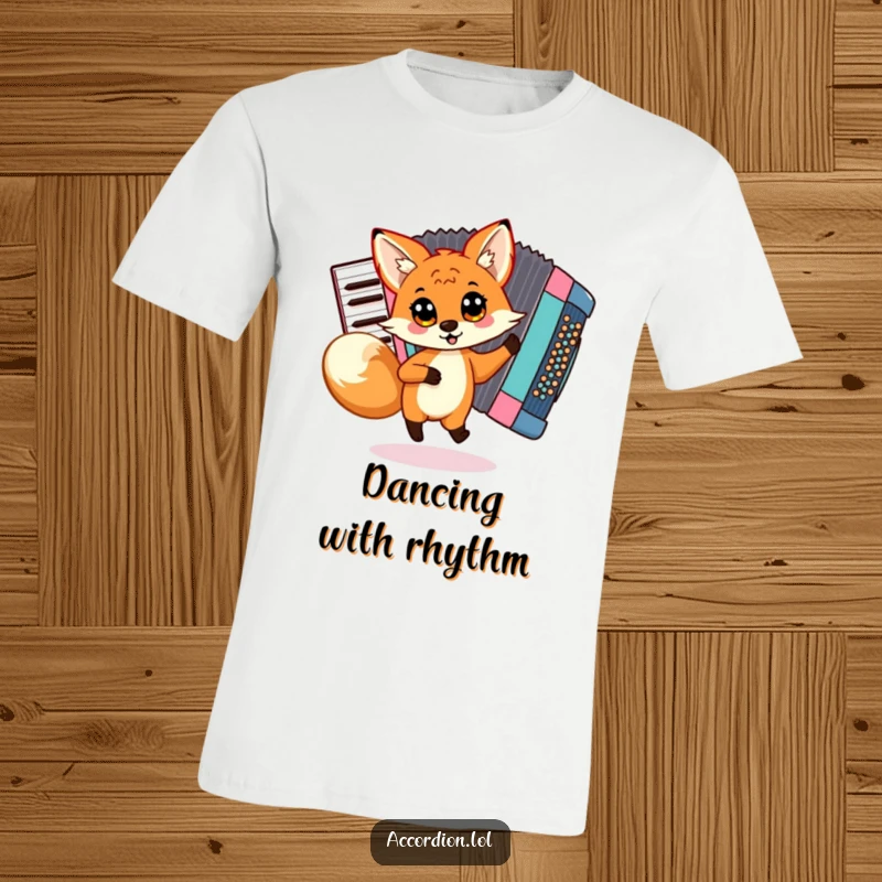 Funny Fox Accordion T-Shirt of a playful fox with big eyes dancing energetically around a colorful accordion, ideal for casual wear.