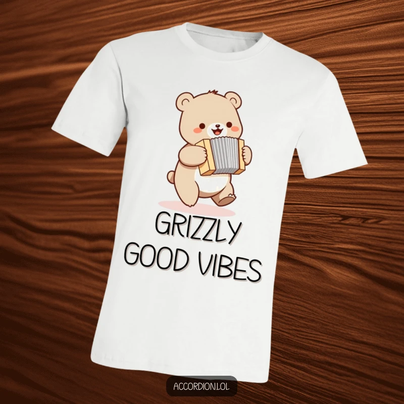 Funny bear t-shirt featuring a small bear happily bouncing while playing a tiny accordion with infectious joy.