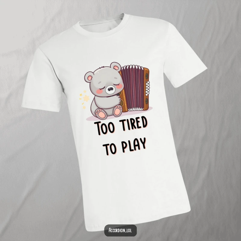 Funny grey bear animal character sleeping soundly near an ornate closed accordion, embodying peaceful rest.