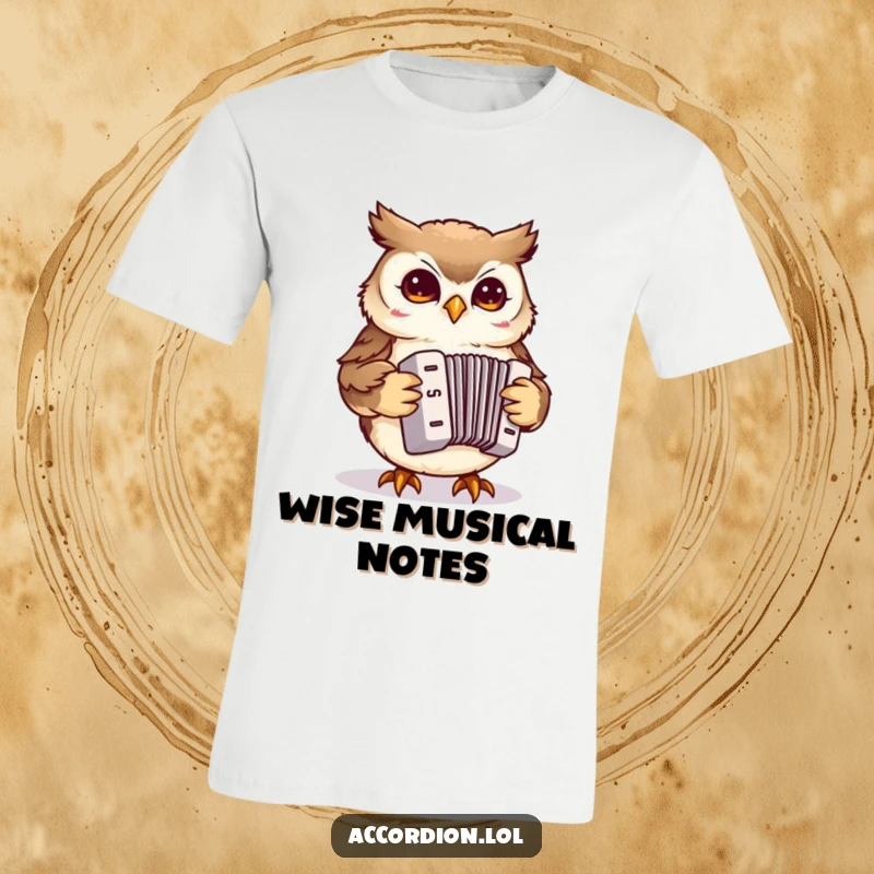Funny Owl Accordion T-Shirt with a small owl playfully interacting with a miniature accordion, great for casual wear.