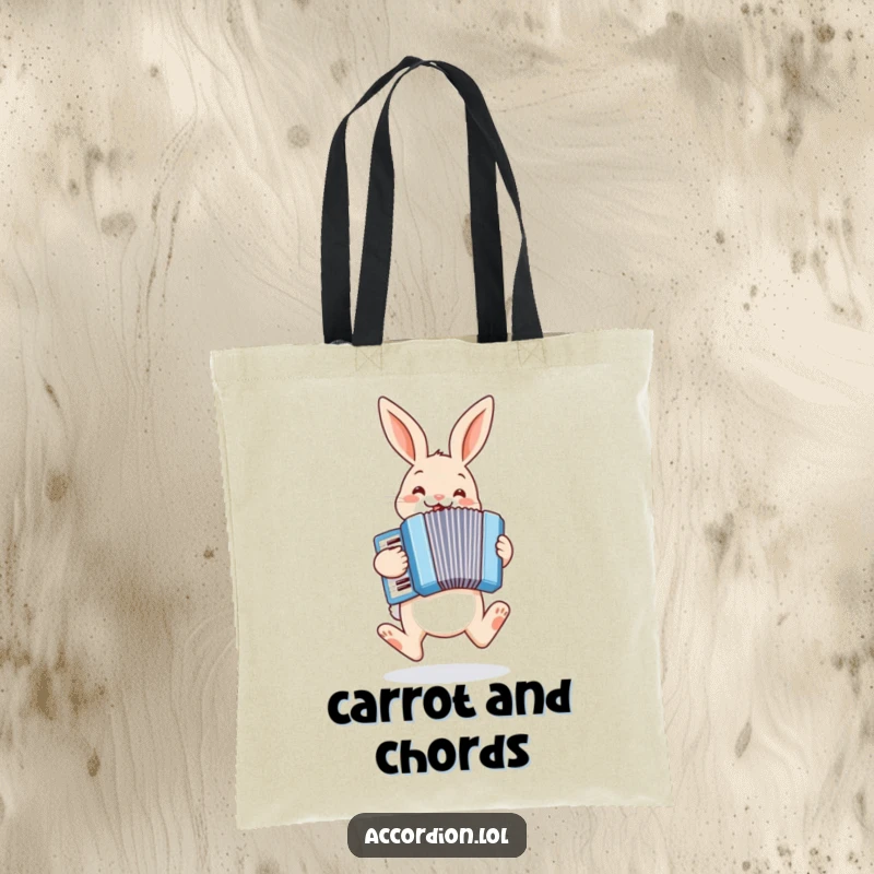 Funny bunny tote bag with a cheerful bunny hopping and playing a pastel blue accordion, perfect for errands and more.