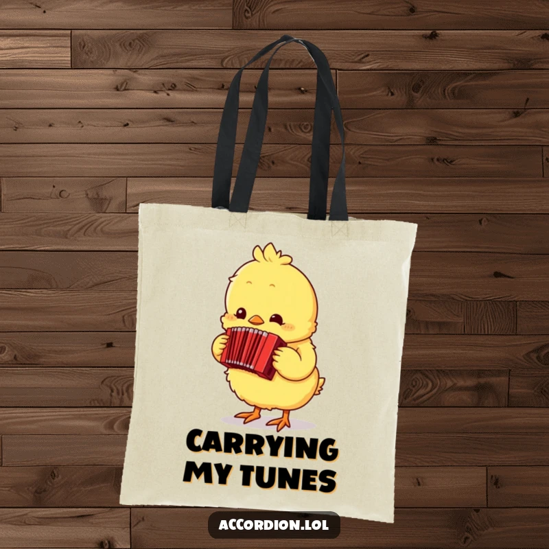 Funny yellow chick musician holding and playing a small red accordion, a cute and practical tote bag design.