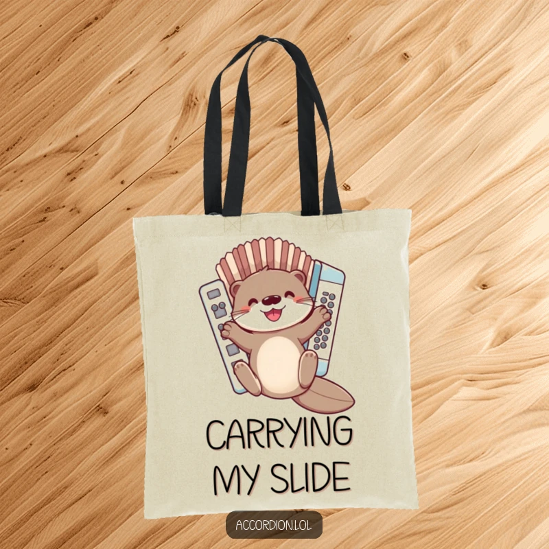 Funny Otter Accordion Tote Bag with a cute otter sliding down a colorful accordion, perfect for musicians and shoppers.