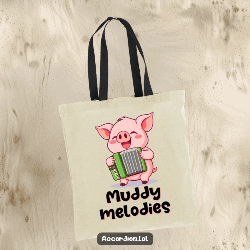 Funny playful pink pig squeezing a cheerful green accordion is featured on this practical and stylish tote bag.