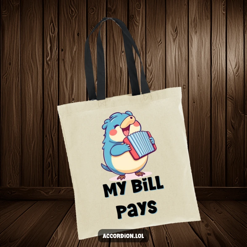 Funny round blue platypus playing a colorful accordion is featured on this practical and stylish tote bag.